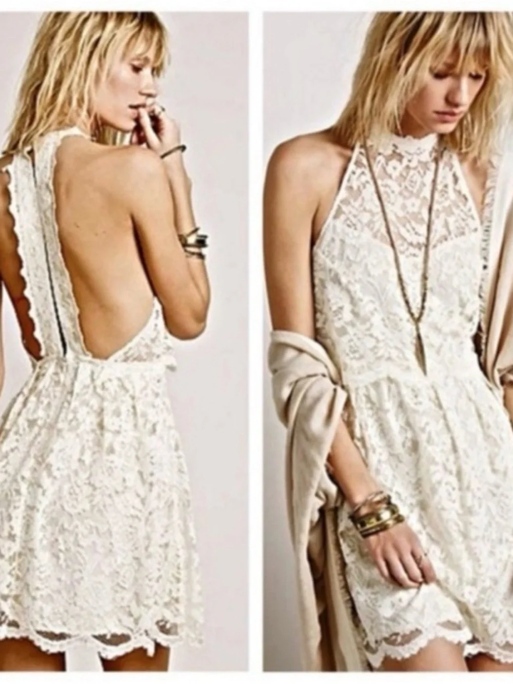 Free People Ivory Lace Backless Halter Mini Dress - Picture 1 of 5